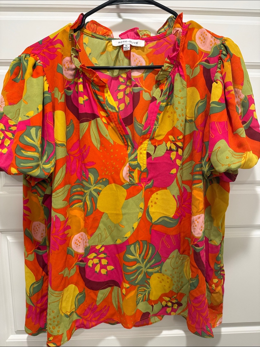 Vibrant Tropical Fruit Print Ruffle Neck Puff Sleeve Top | Rose & Olive XL